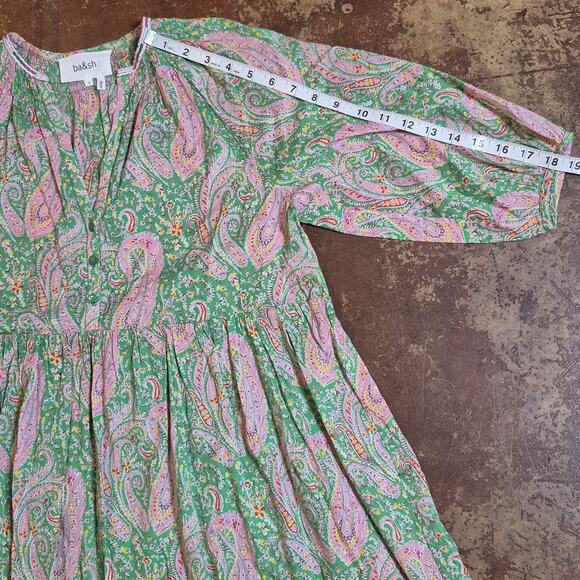 Ba&sh Lady Dress Small Green Pink Paisley V-Neck A Line 3/4 Sleeve Tiered Odeon - Picture 9 of 11